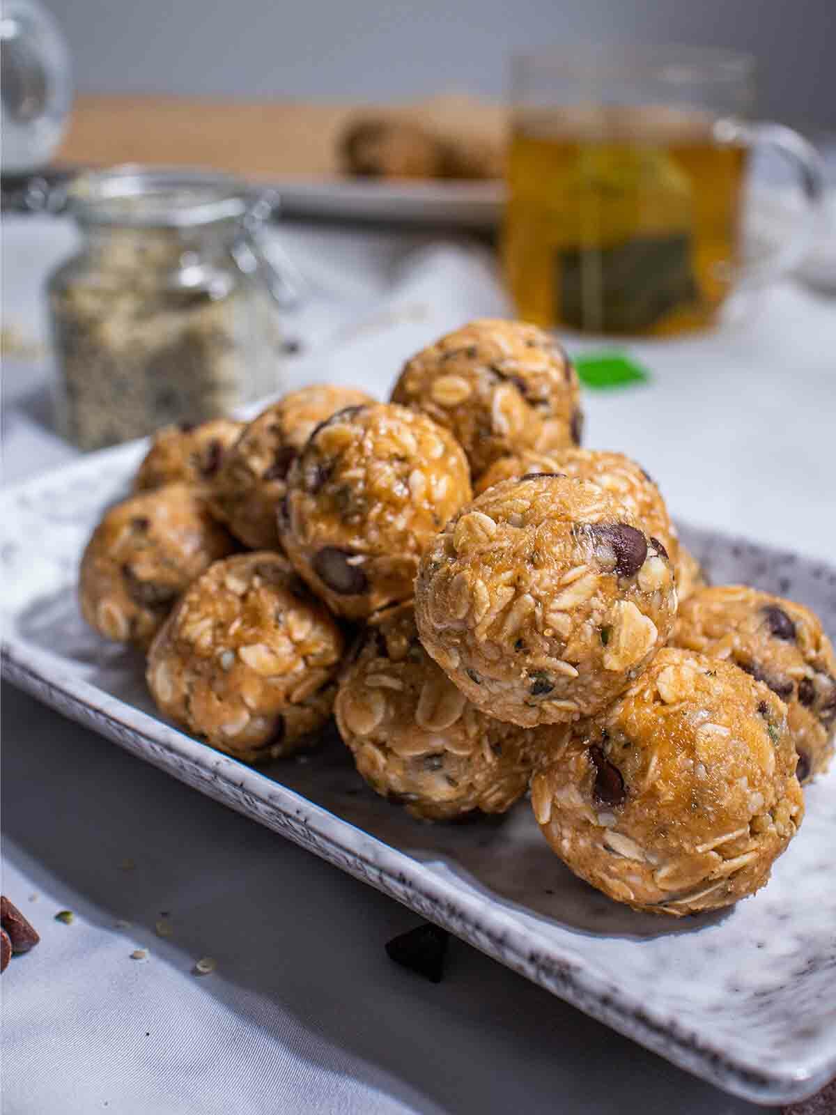 no-bake vegan protein balls on a plate