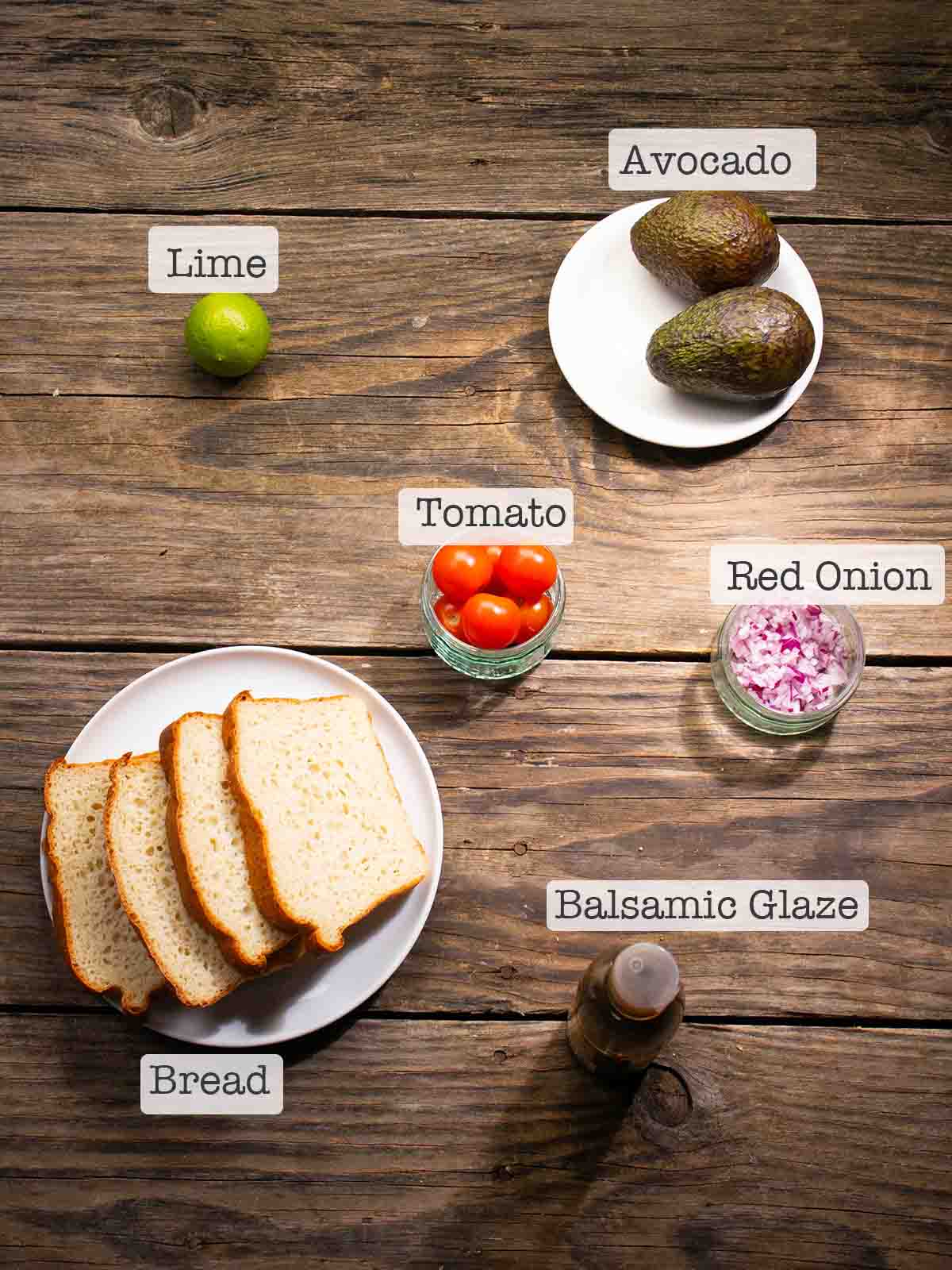 ingredients for tomato avocado toast