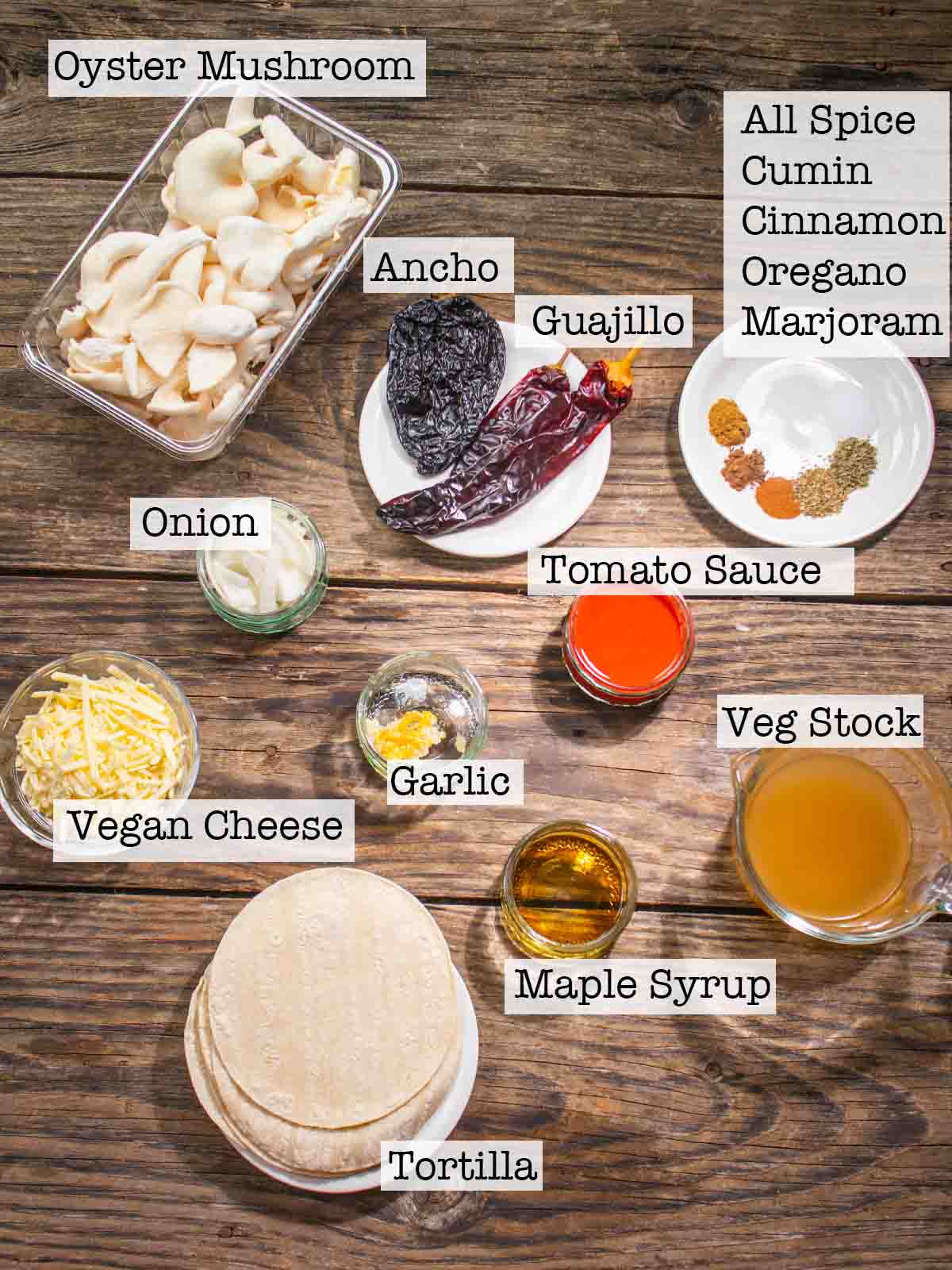 ingredients for vegan birra tacos birds eye view