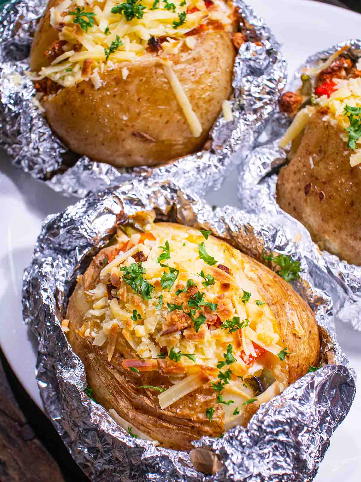 vegan baked potato in foil
