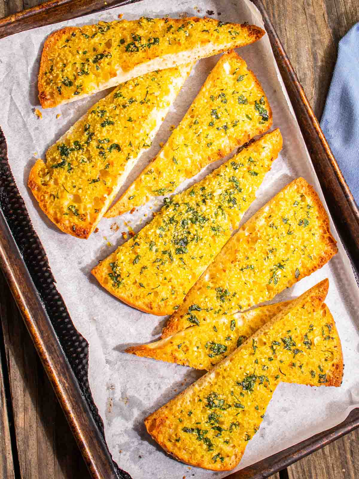 vegan garlic bread on a baking tray