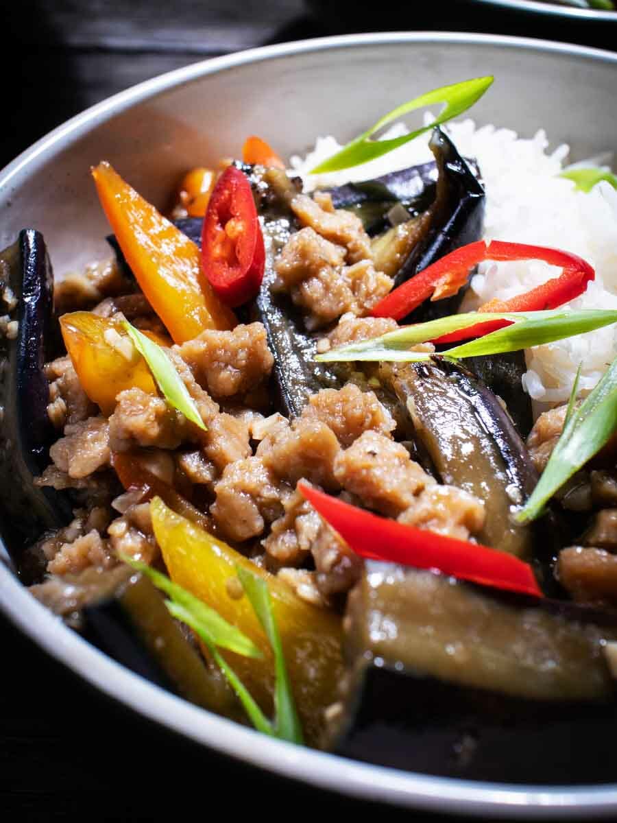Chinese eggplant stir-fried with TVP