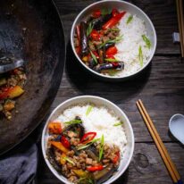 Chinese eggplant stir-fried with TVP
