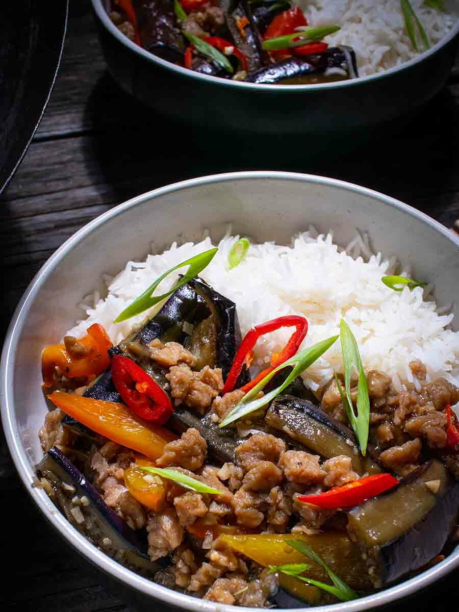 Vegan Chinese eggplant stir-fried with TVP