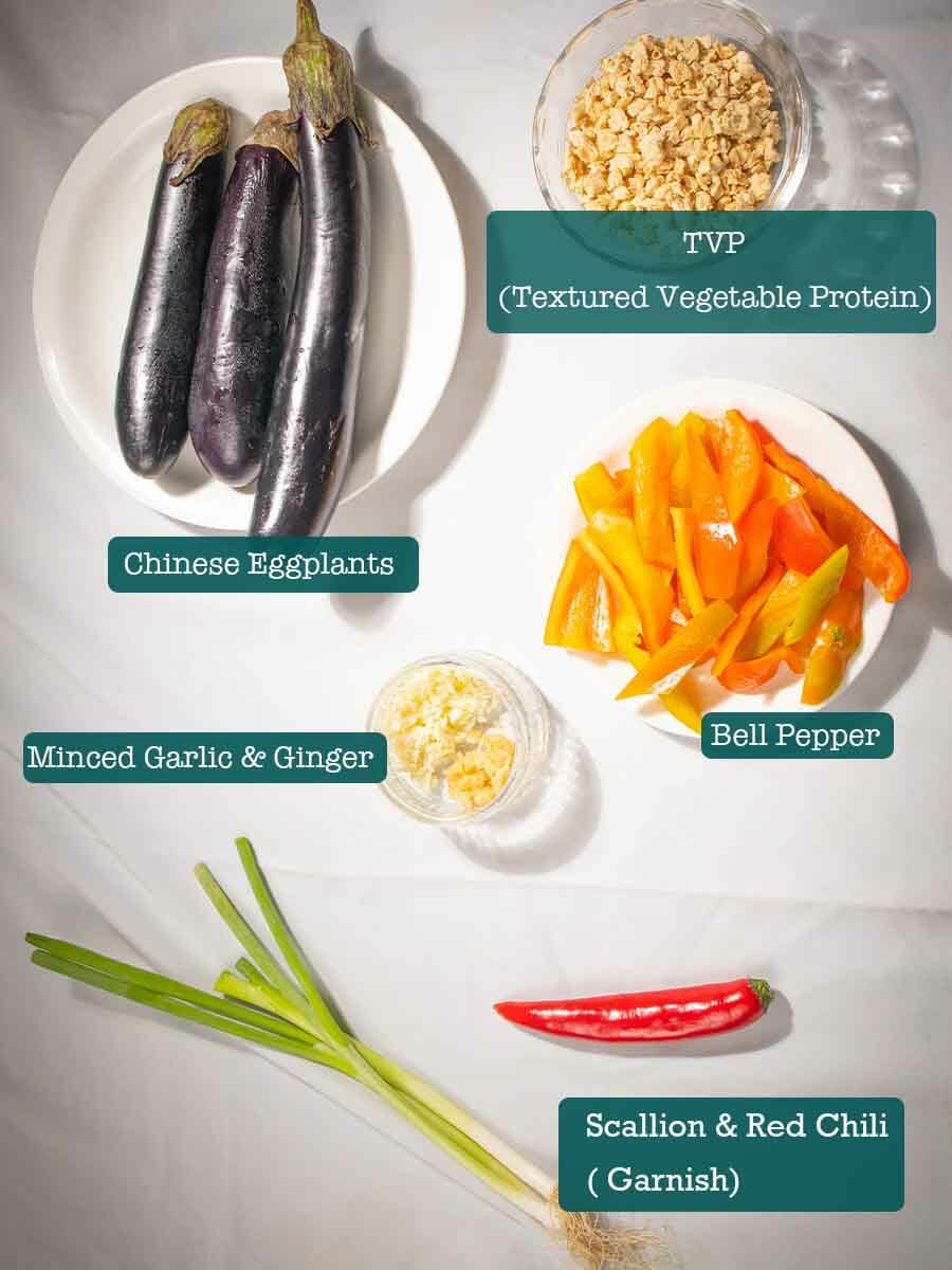 ingredients for Chinese eggplant stir-fried with TVP
