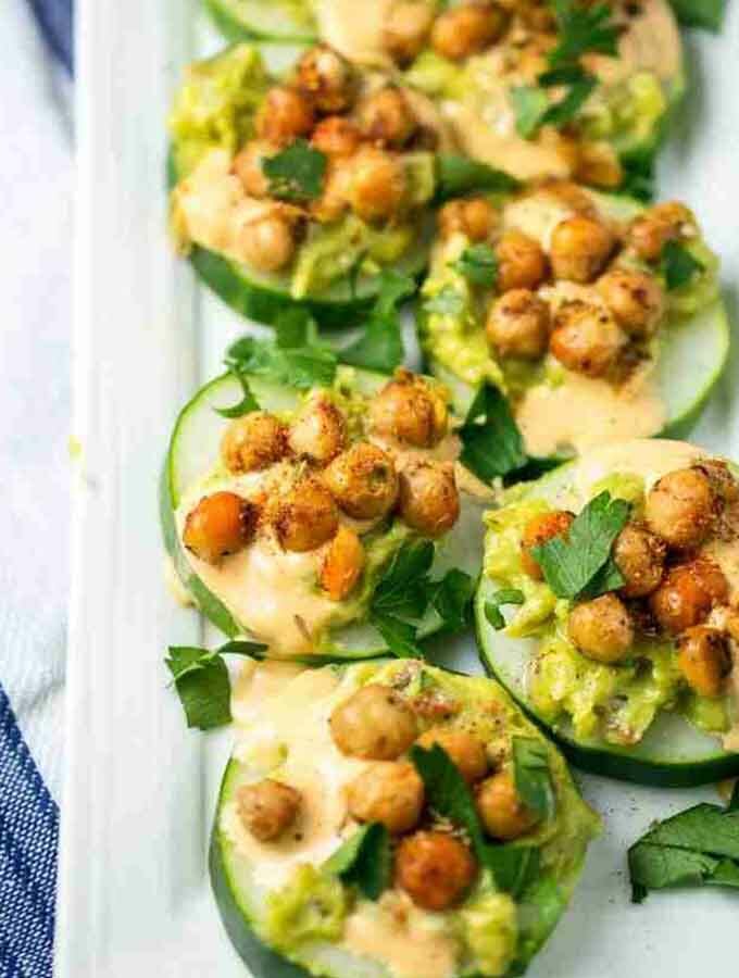 Whip up a batch of blackened chickpeas and use them to make these delicious spicy chickpea avocado cucumber bites! This is a bite-sized summery appetizer that is very refreshing. I was originally inspired to make this after coming across Closet Cooking’s blackened shrimp avocado cucumber bites