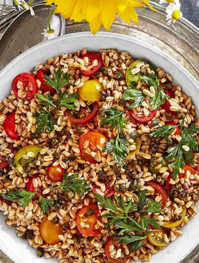 Vegan-farro-and-tomato-salad-with-crispy-capers-holiday-brunch