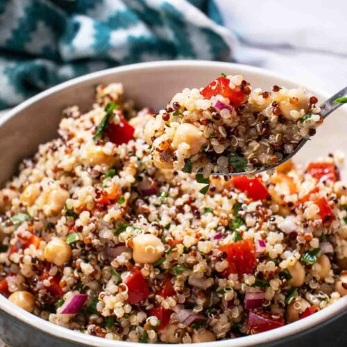 a spoonful chickpea-quinoa-salad