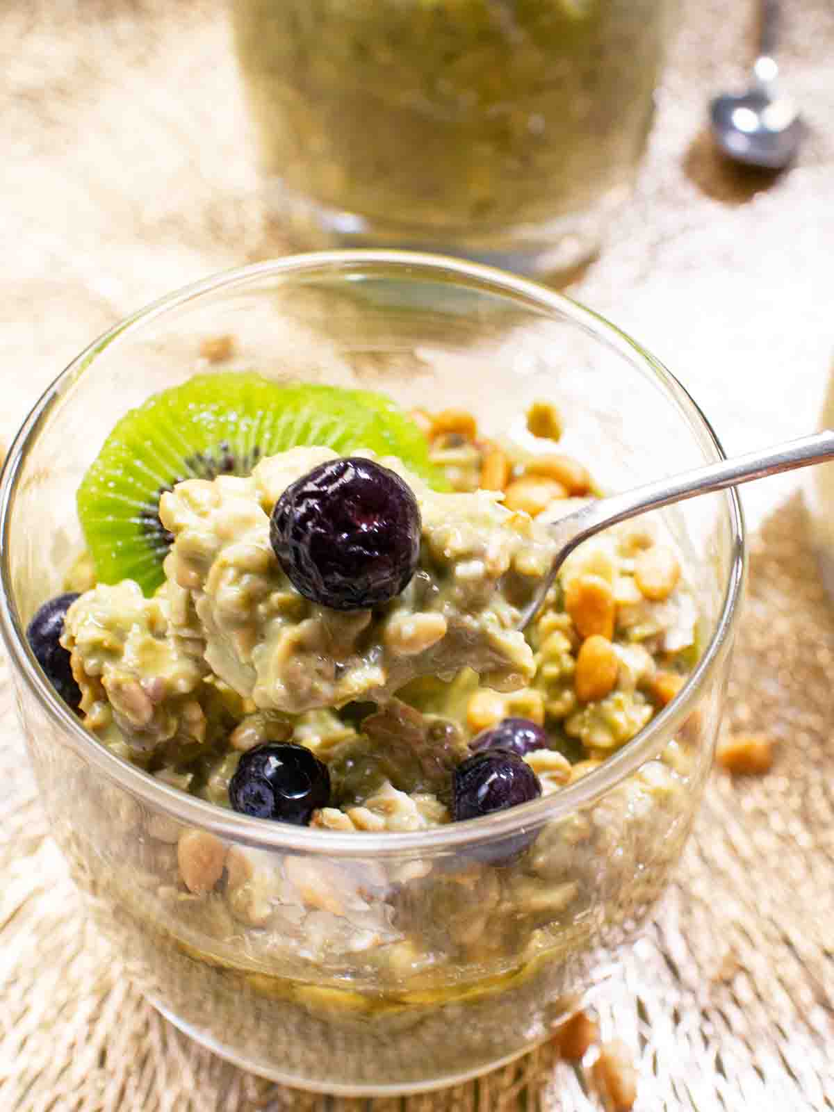scoop out matcha overnight oats from the cup